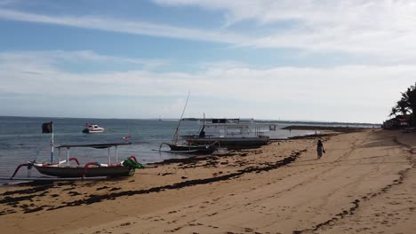 mujer camina sola con su perro en la playa de sanur bali indonesia calma mar de arena blanca de olas tranquilas, horizonte de cielo azul, destino de viaje tranquilo y meditativo