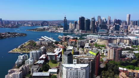 Sydney---Pyrmont-Aerial-Flight-with-View-over-Darling-Harbour-and-the-Harbour-Bridge