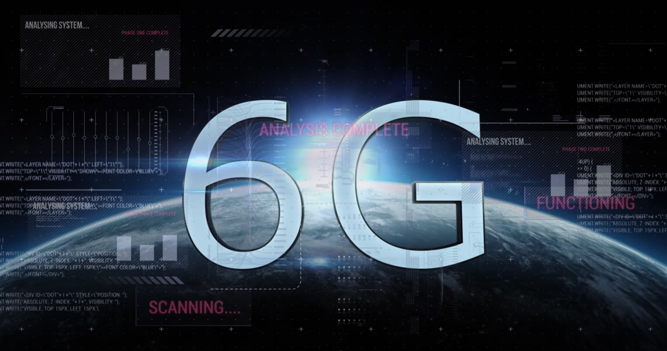 Animaatio tiedonkäsittelystä 6G-tekstin ja maapallon päällä.