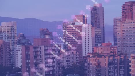 animación del adn girando sobre el paisaje urbano