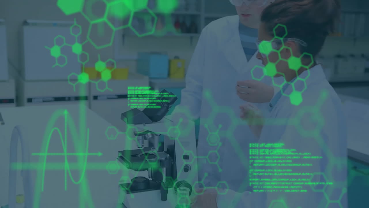 animación del procesamiento de datos científicos sobre diversos científicos en el laboratorio