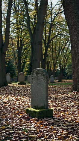 low-angle video frame of a moss-covered gravestone in a serene, leaf-strewn cemetery