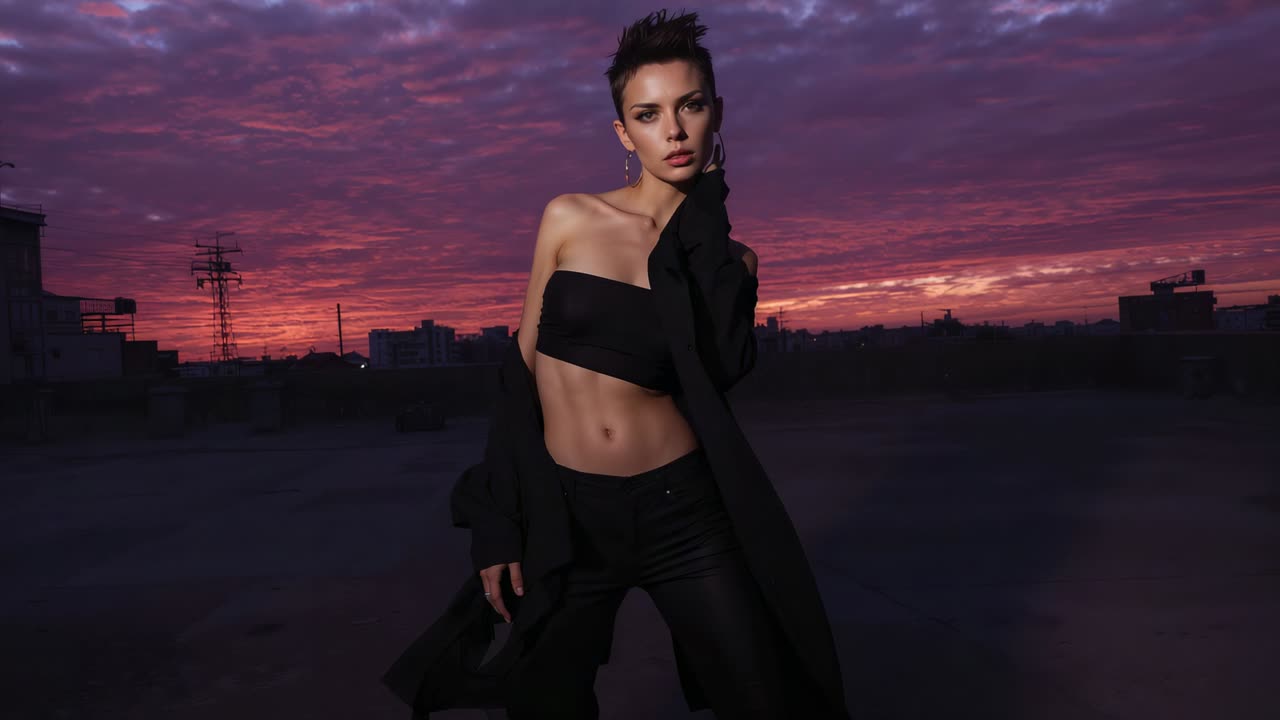 Posing woman adjusting gaze and pose on rooftop as sunset deepens, coat and crop top visible