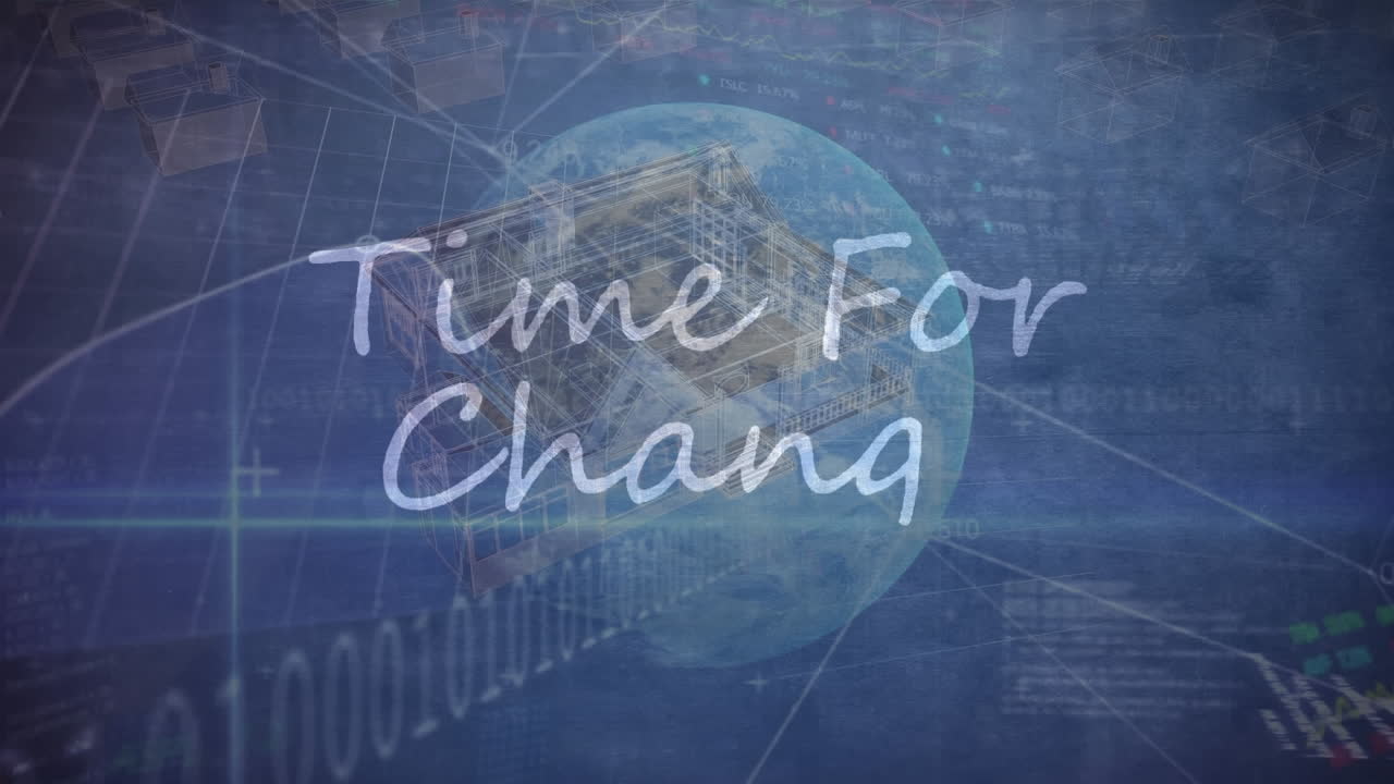 변경 텍스트 배너 및 데이터 처리를위한 시간 애니메이션 3d 집 모델을 회전합니다.