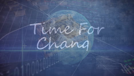 animation of time for change text banner and data processing over spinning 3d house models