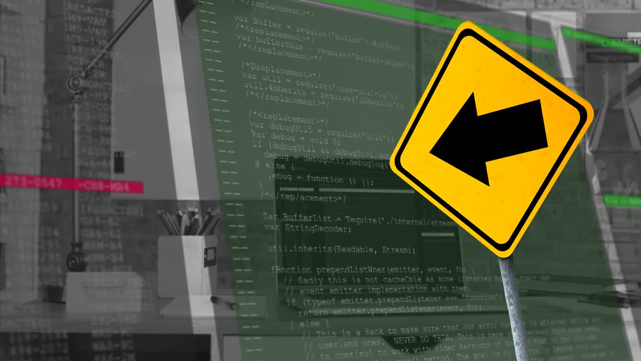 金融データ処理のアニメーションと矢印の黄色い道路標識