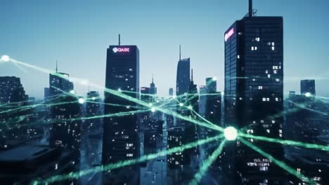 futuristic cityscape with connected networks: an aerial view of a modern metropolis highlighted by vibrant green light connections and skyscrapers against a twilight sky