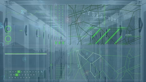 Animation-Von-Diagrammen,-Laden-Von-Kreisen,-Zahlen,-Texten,-Symbolen-Und-Buchstaben-über-Dem-Serverraum