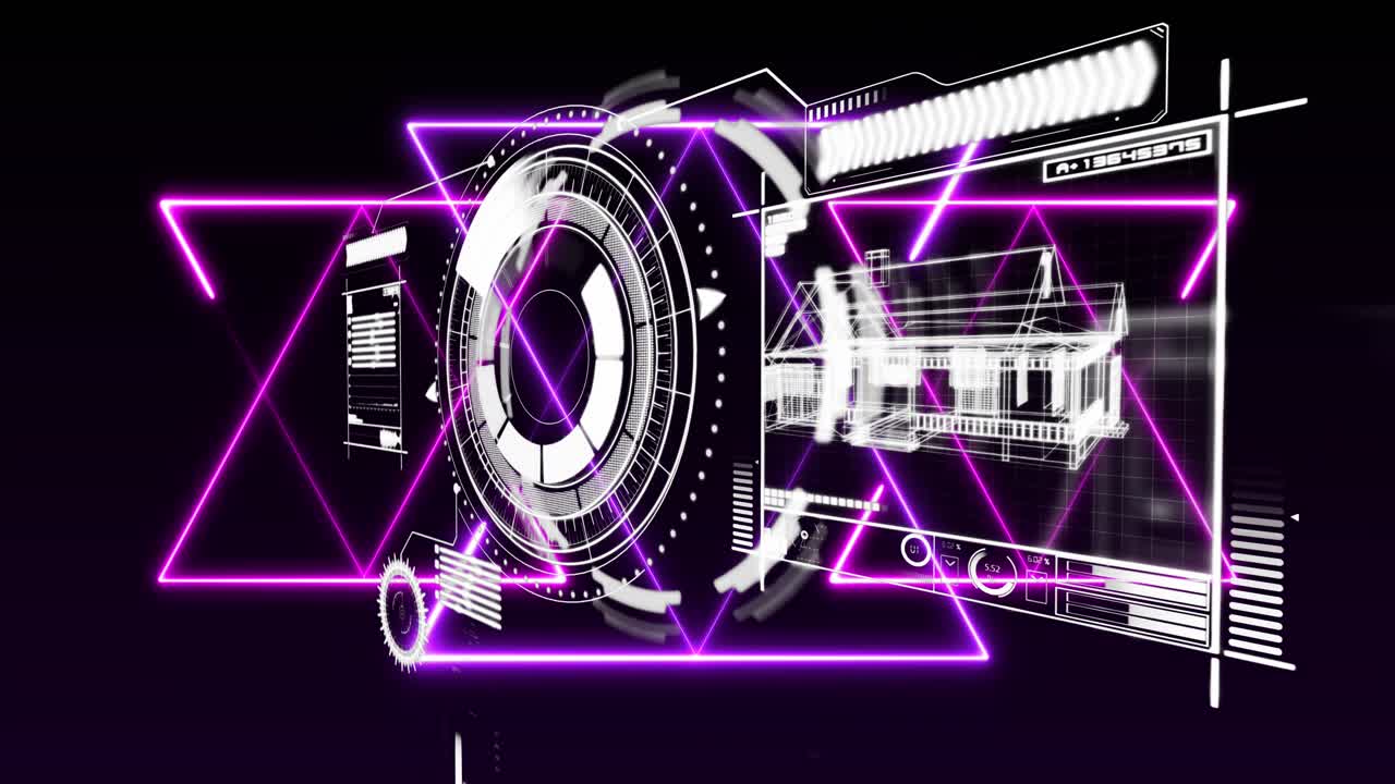 Animation of glowing purple light trails over interface with data processing on black background