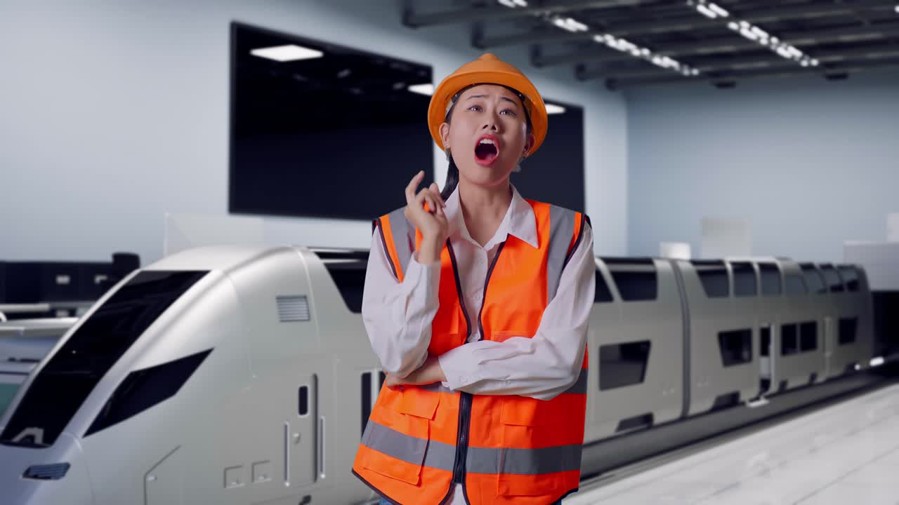 Ingeniera asiática con casco de seguridad pensando y mirando alrededor y luego levantando el dedo índice mientras está de pie, tren futurista de alta velocidad en una instalación de pruebas moderna