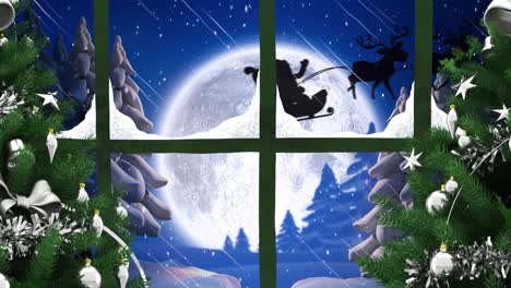 Animation-of-santa-claus-in-sleigh-with-reindeer-over-snow-falling-seen-through-window