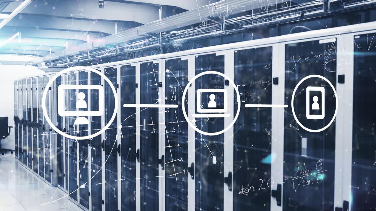 animación de diagrama de flujo con ecuación matemática y diagramas sobre puntos conectados en la sala del servidor