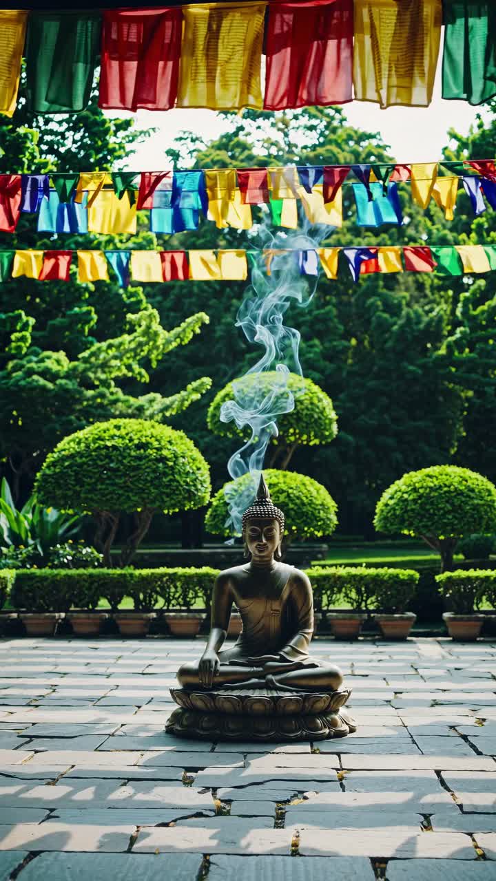 Low-angle video frame of a serene Buddha statue with incense smoke, colorful flags above, and lush
