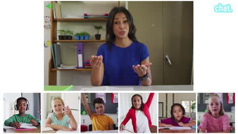 animation of video call screens of chalkboard and diverse teacher and children having online lesson