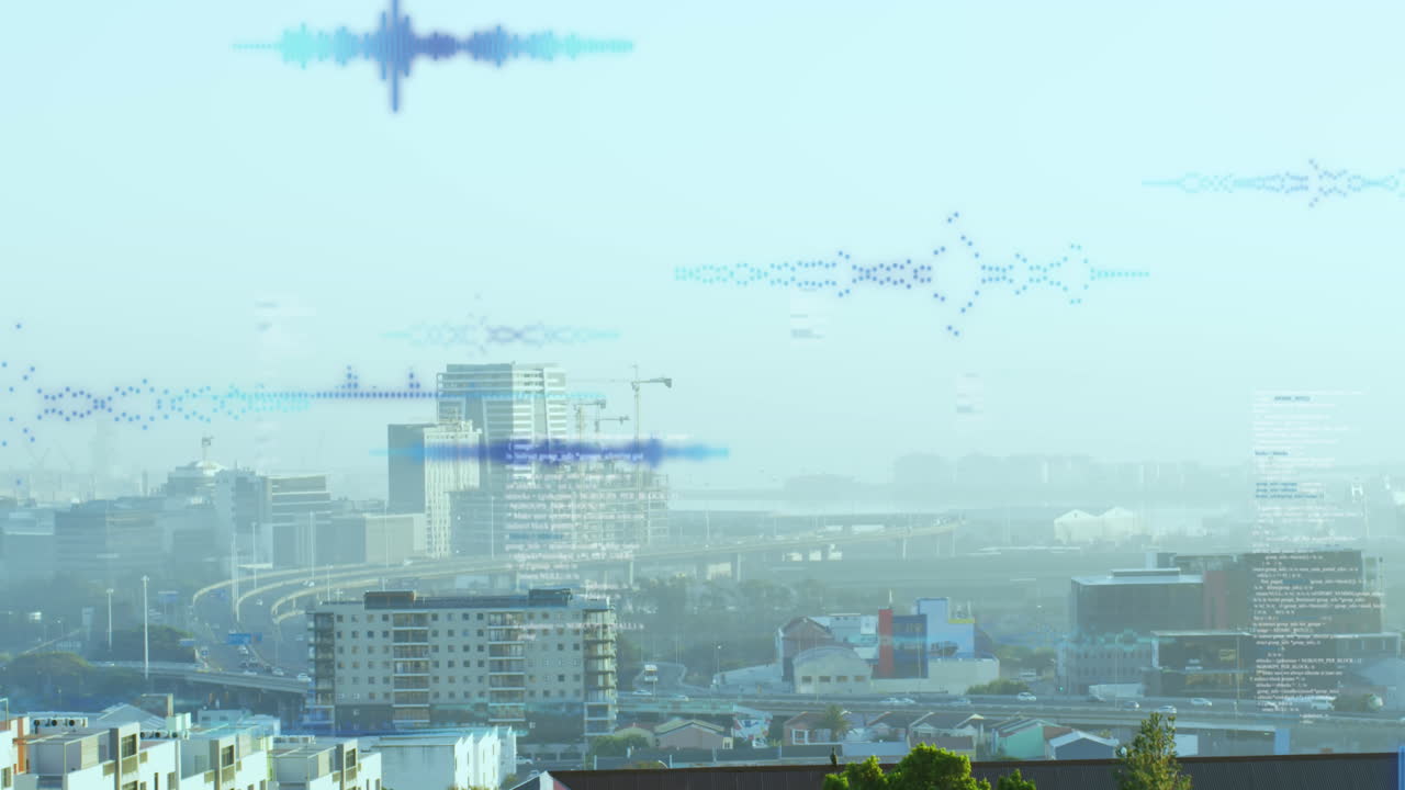 도시 풍경의 공중 전망에 대한 데이터 처리 애니메이션