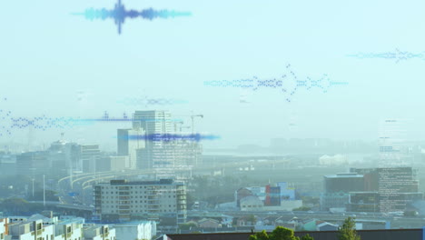 animación del procesamiento de datos frente a una vista aérea del paisaje urbano