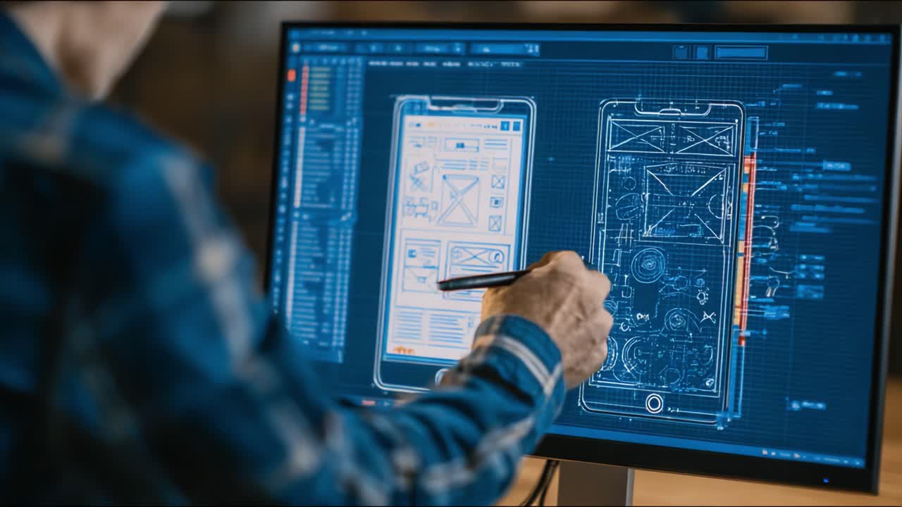 A designer meticulously refining a user interface layout on a computer screen, showcasing the intricate details of a mobile application's blueprint and its interactive elements