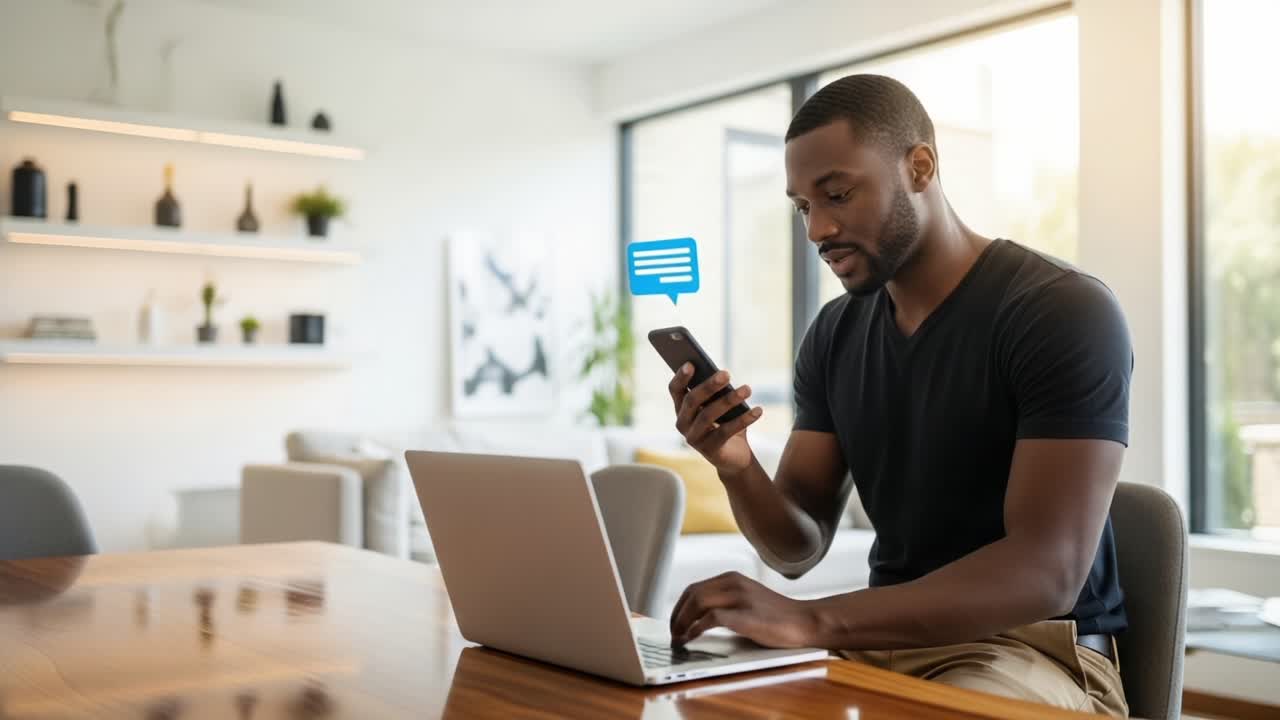 A focused individual engaged in multitasking, using a smartphone while typing on a laptop in a modern and stylish home office environment