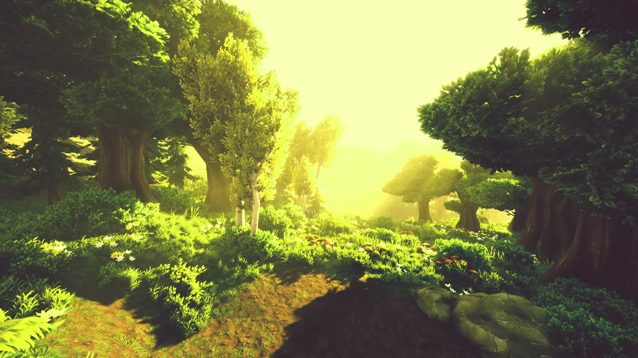 лесные деревья в мультфильме, освещенные золотым солнечным светом