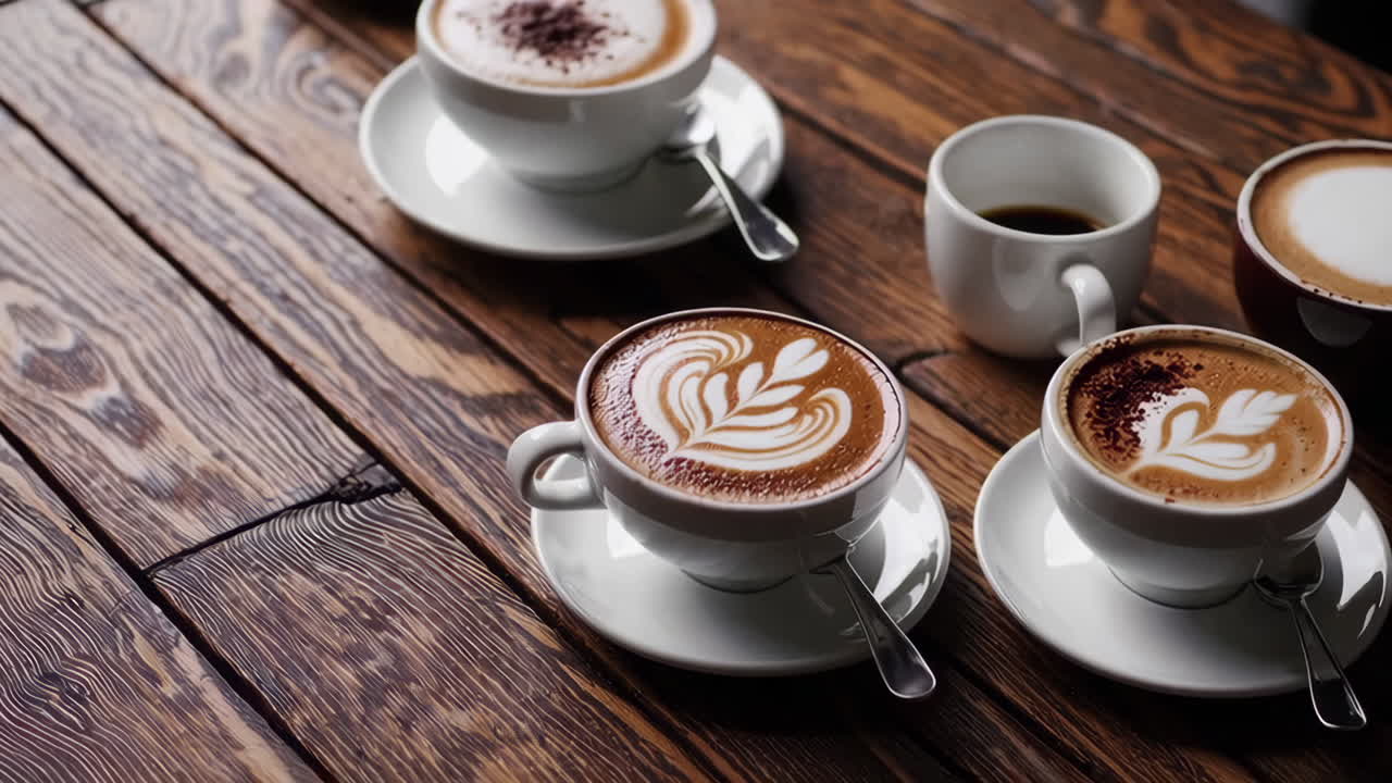 Assortment of Coffee Cups with Latte Art on a Wooden Table