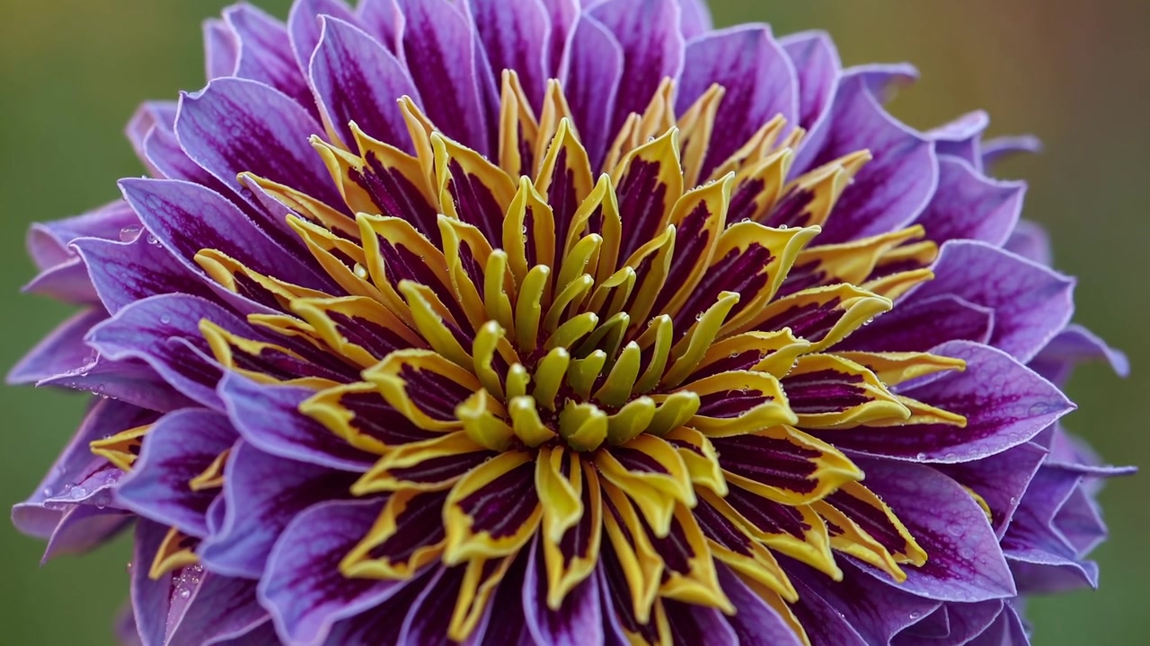 Primo piano di un fiore di dalia viola e giallo vivace