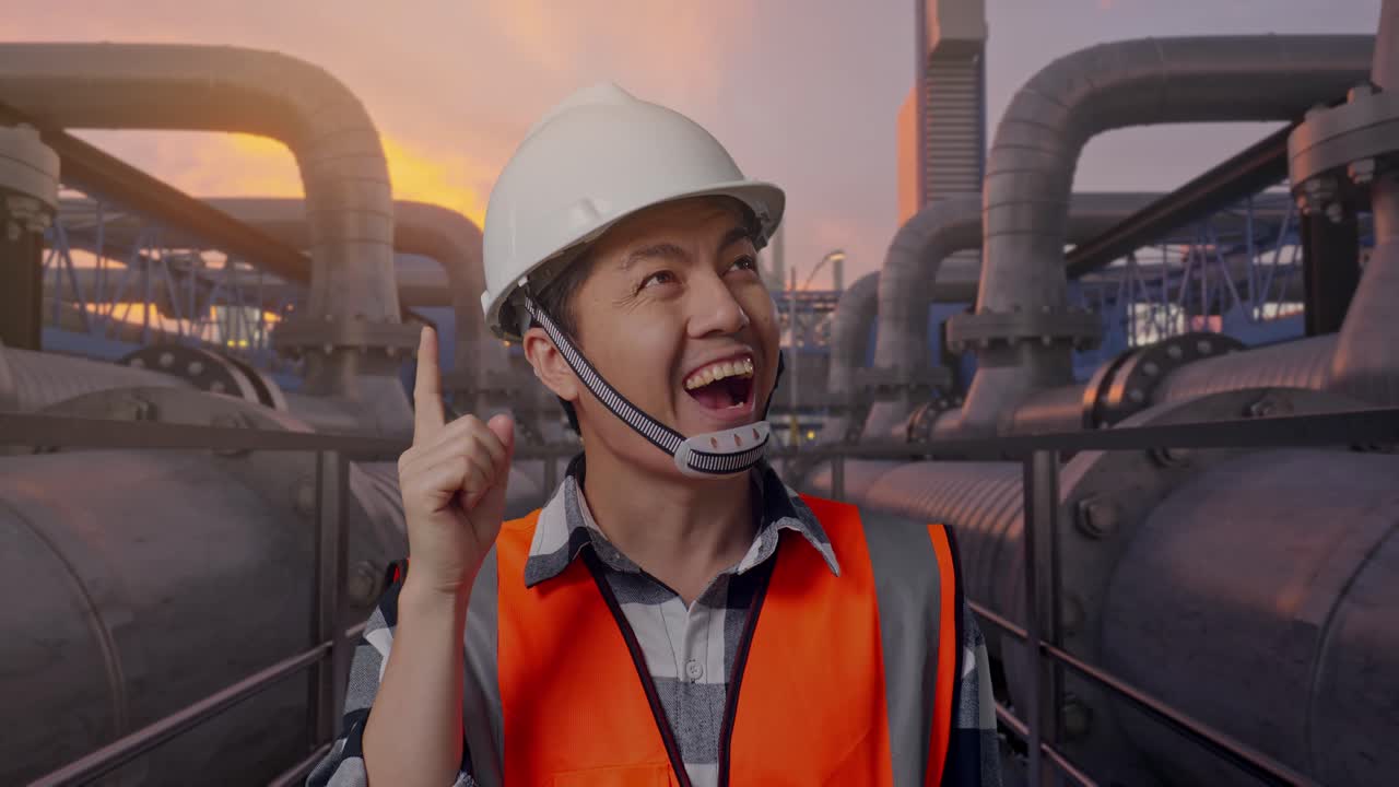 Nærbilde av asiatisk mannlig ingeniør med vernehjelm som tenker og ser seg rundt, deretter hever pekefingeren mens han står. Industrielt rørledningsnettverk ved solnedgang.