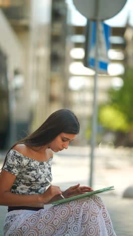 mujer joven dibujando en una tableta digital al aire libre