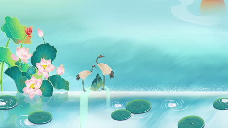 retro mysterious traditional oriental digital art animation national trend chinese style sunset lotus pond cranes playing in the water background