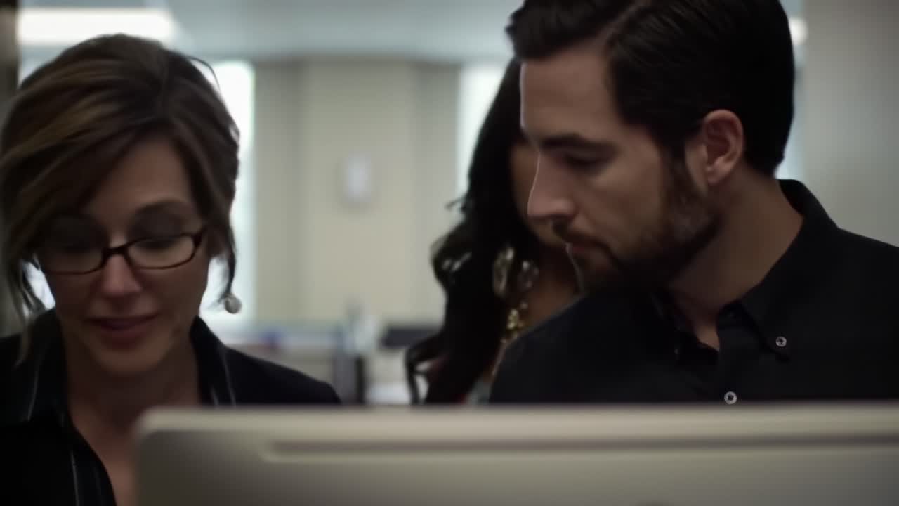 Two colleagues collaborate on a project in a contemporary office environment. Their focused discussion reflects teamwork and dedication in achieving professional goals.