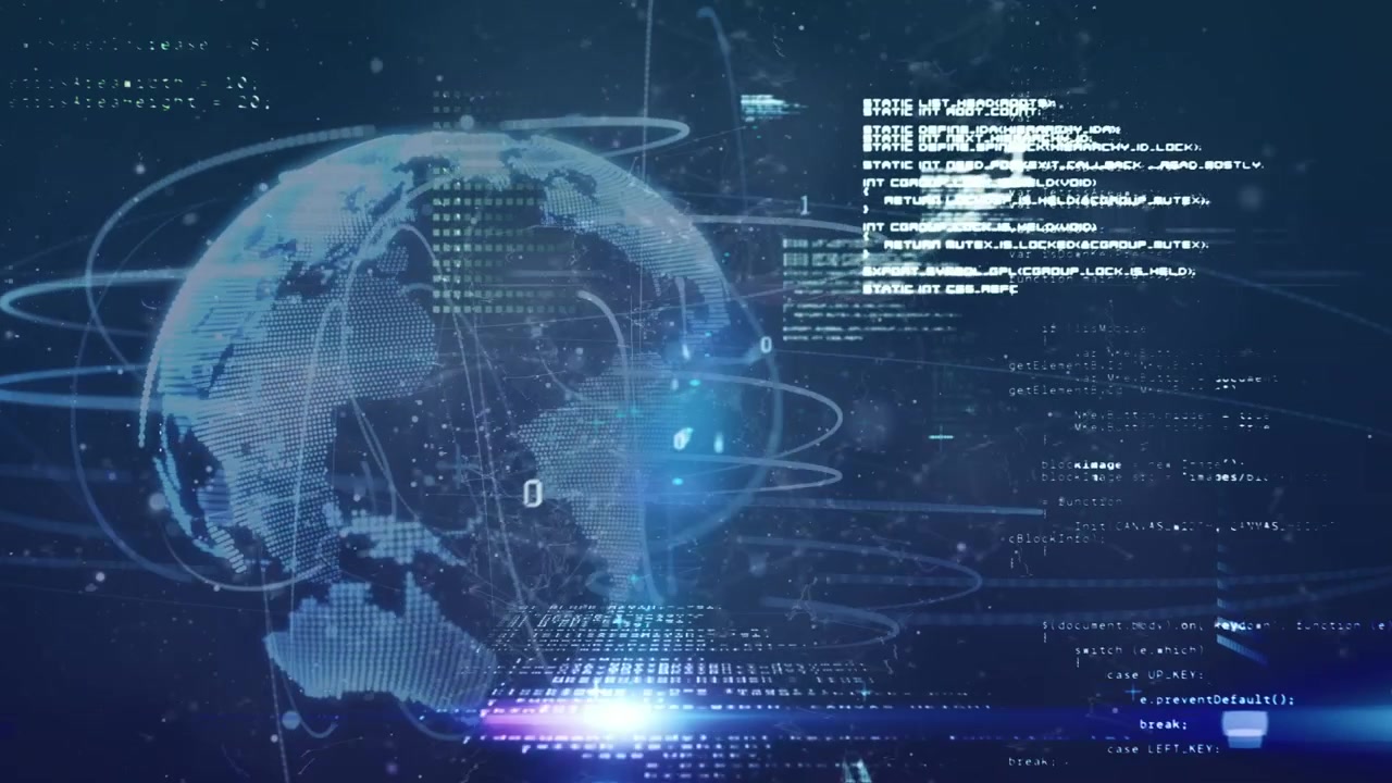 Animation of rotating globe and data processing on navy background