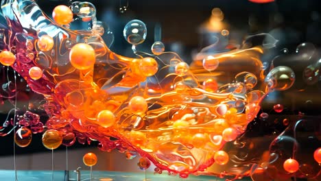 colorful spheres and bubbles swirl above a digital surface at night
