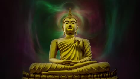 heavenly clouds of light swirling around the golden gautama buddha - seamless looping