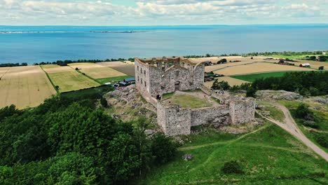 Aerial-of-the-Brahehus-Castle,-a-stone-castle-built-in-the-1600s,-Småland,-Sweden