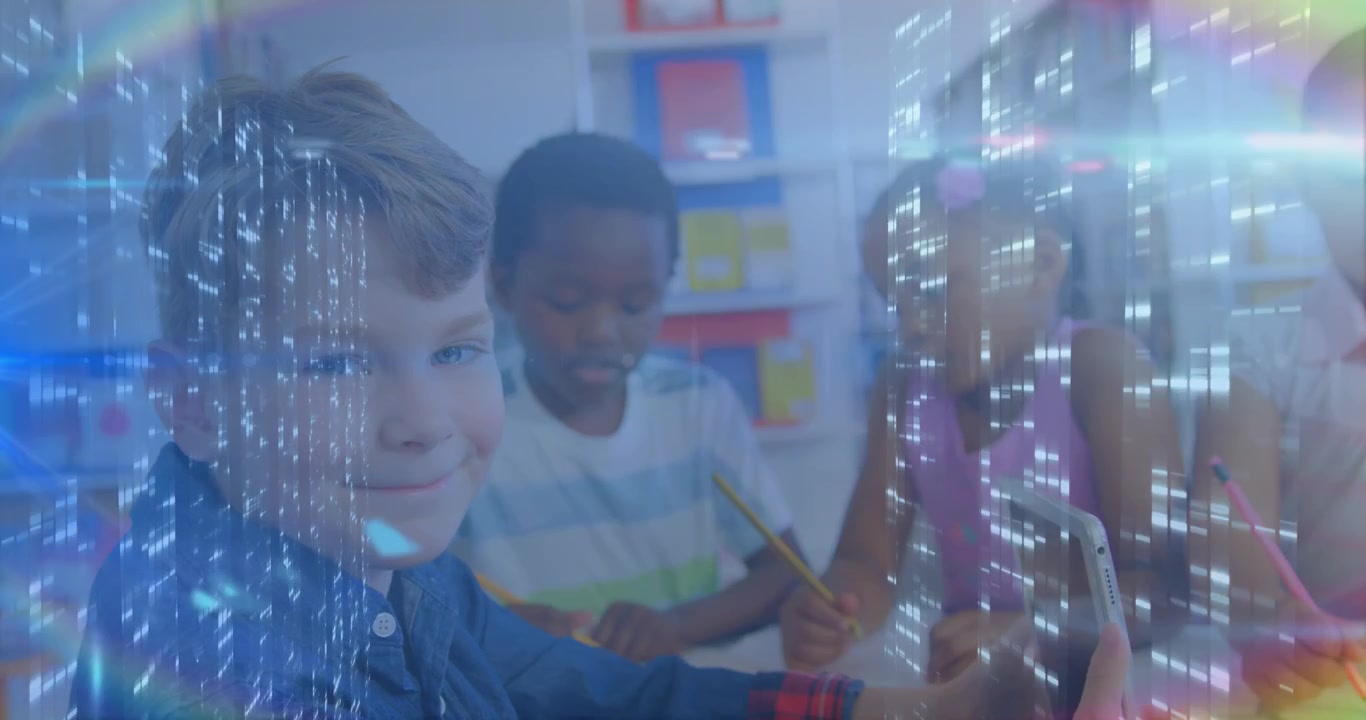 Animation of moving columns and light trails over diverse schoolchildren