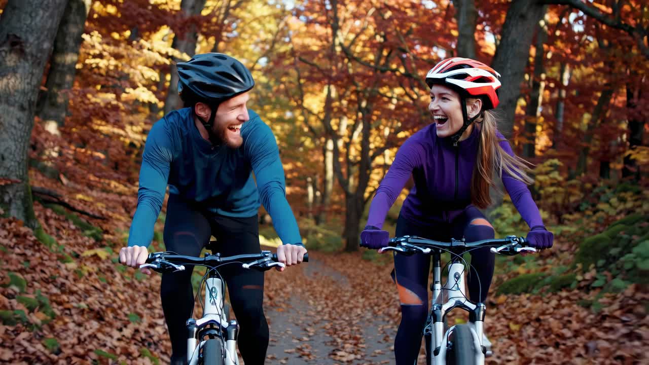 A dynamic video still of two cyclists in autumn woods, captured from a front angle