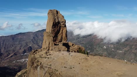 Flight-over-of-Roque-Nublo,-a-volcanic-rock-in-caldera-of-Tejeda,-Gran-Canaria,-Canary-islands,-Spain