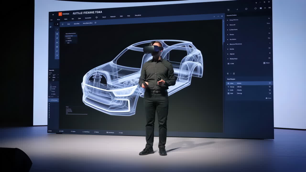 Hombre con gafas de realidad virtual y un modelo de coche 3D en una pantalla grande