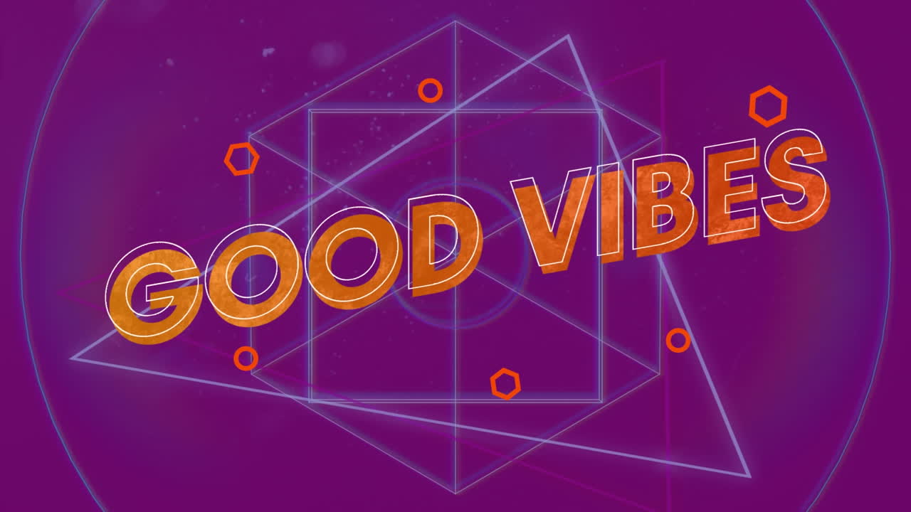 Animazione del testo "Good Vibes" in arancione su forme di linee 3D in movimento su sfondo viola