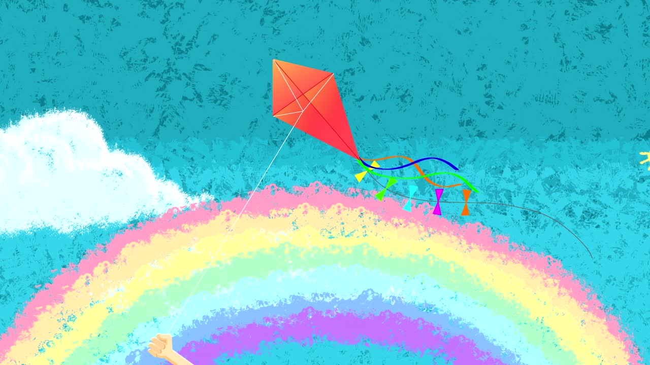 A kite with a tail flies across the blue sky