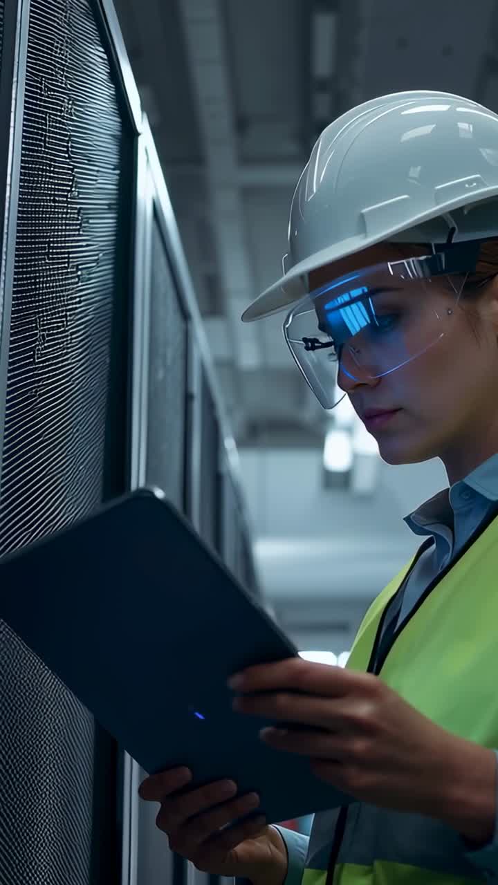 Vertical video: Starting check tech in rack aisle with PPE using tablet verifying LEDs, copy space