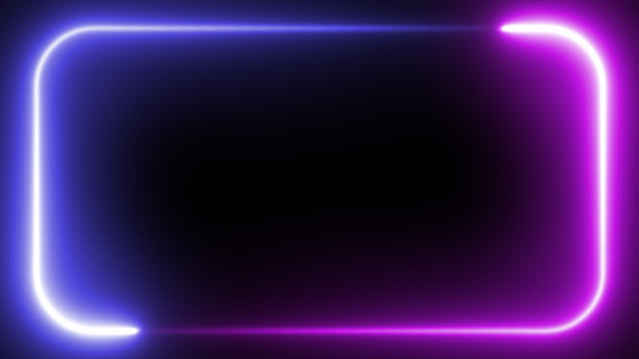 un marco de dos rectángulos rosados y azules con bordes redondeados, colores de neón que fluyen en sentido contrario a las agujas del reloj, creando un gran contraste con el fondo oscuro