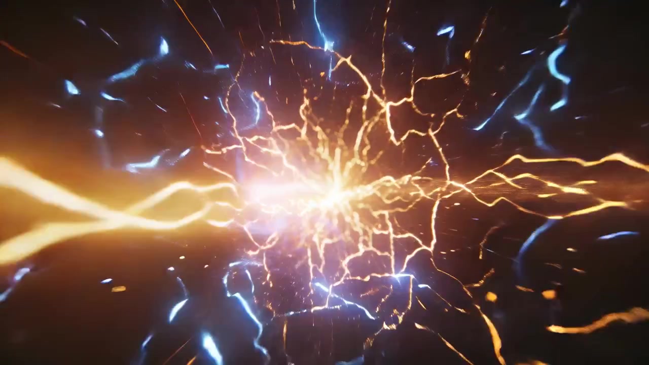 Colliding bright energy beam hitting central luminous vortex in cosmic void, producing golden arcs