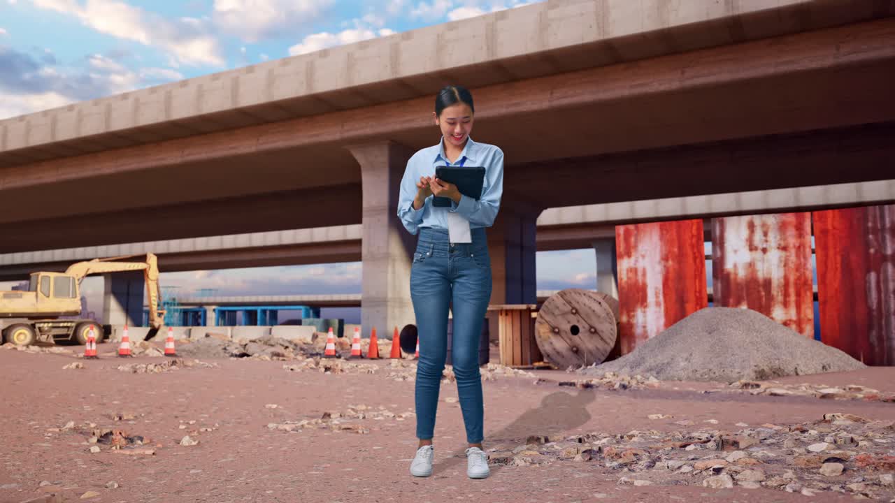 Full Body Of Asian Female With Her Tablet At The Site of Highway Construction, Typing On Her Tablet'S Keybaord With Meditation