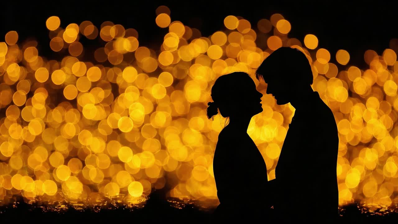 A romantic silhouette of a couple in a warm, glowing backdrop, capturing an intimate moment filled with love, connection, and serenity amidst soft bokeh lights