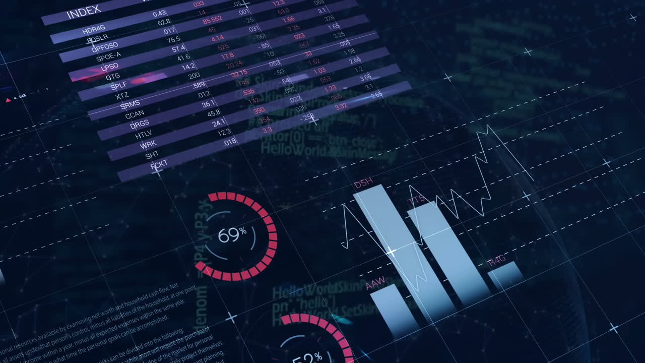 Animation of financial data processing over grid and dark background