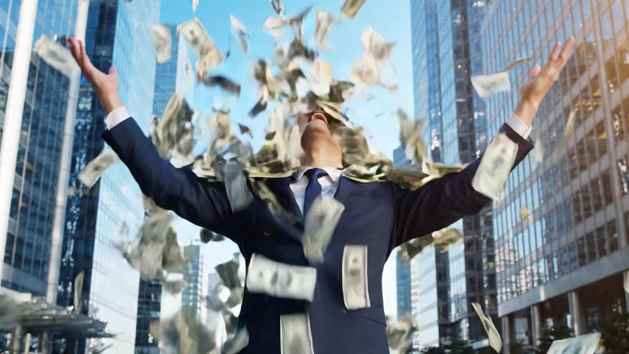 Un uomo d'affari determinato che passa dall'incertezza al trionfo, padroneggiando l'arte del successo finanziario contro uno sfondo urbano moderno.