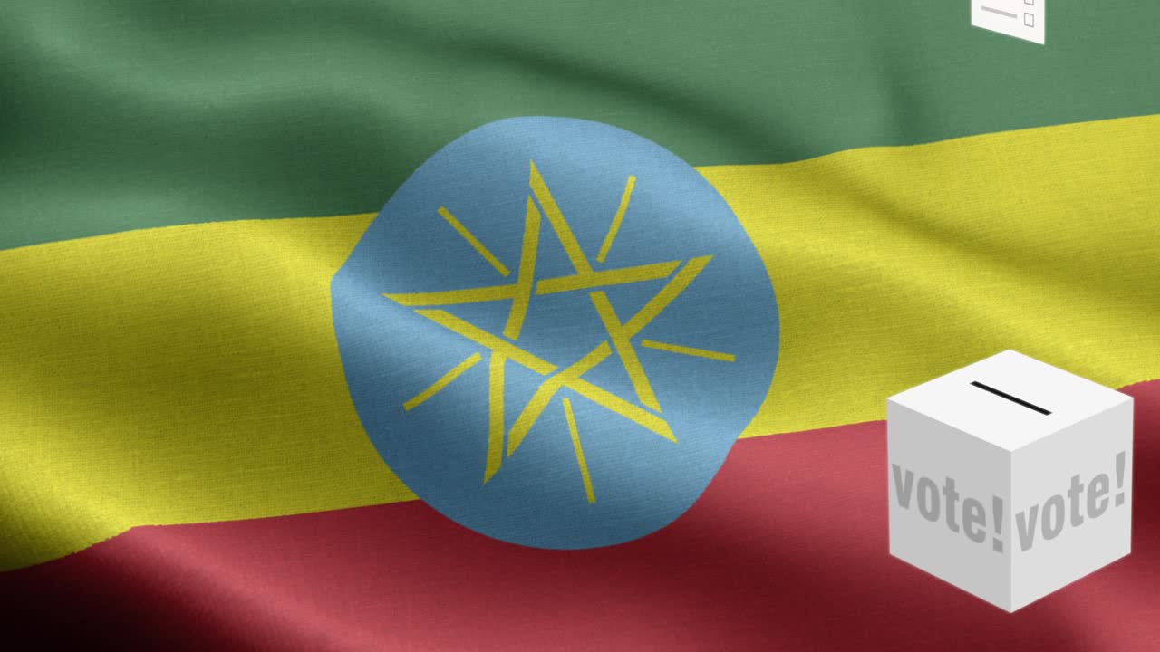 caja de votación delante de la bandera - las papeletas vuelan a la caja para la selección de etiopía - elección - voto - bandera de etiopía (bandeira de etiopía) alto detalle - bandera nacional de etiopía patrón de onda elementos loopable - textura de tela y bucle sin fin