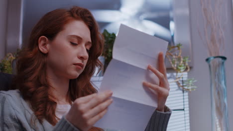 una joven mujer caucásica abre una carta y se enoja mucho, tira el papel