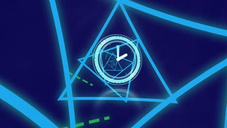 Animation-of-clock-over-geometrical-shapes-on-dark-blue-background