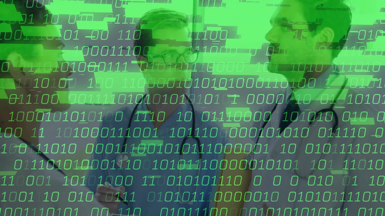 Middle doctor tapping tablet, team reviewing data with green code overlay showing medical analysis